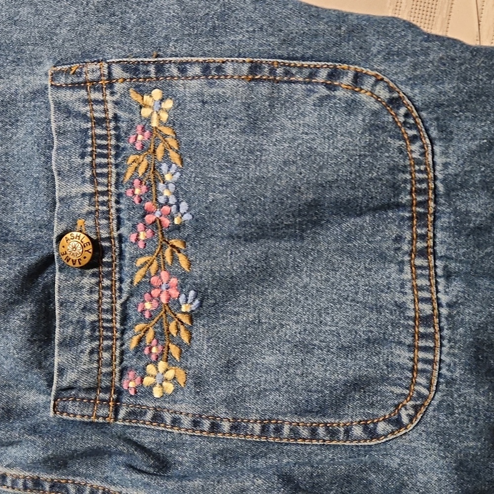 Jane Ashley Womens Vintage Denim Dress M Maxi w Floral Embridered Neck Pockets - Picture 9 of 12